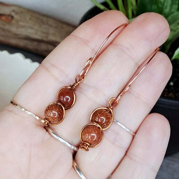 BOGO EARRINGS - Goldstone wire wrapped copper dangle earrings, 2" - Picture 2 of 8